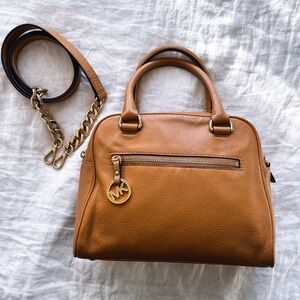 Michael Kors Top Handle Leather Purse - Gold Chain Crossbody Strap - Camel, Tan